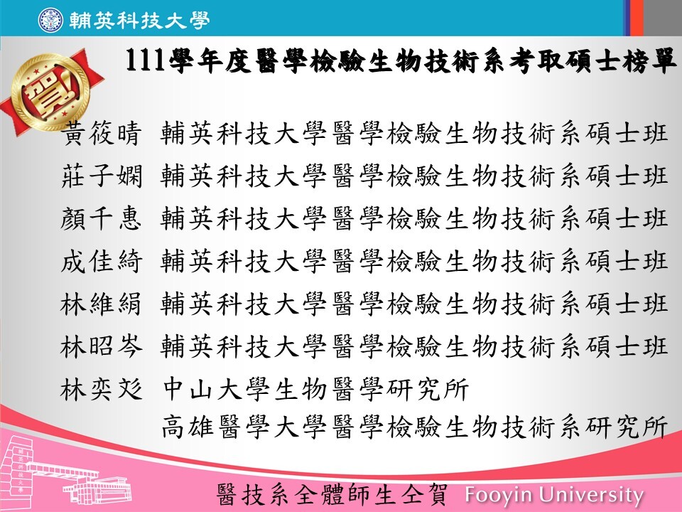 111學年度醫學檢驗生物技術系考取碩士榜單